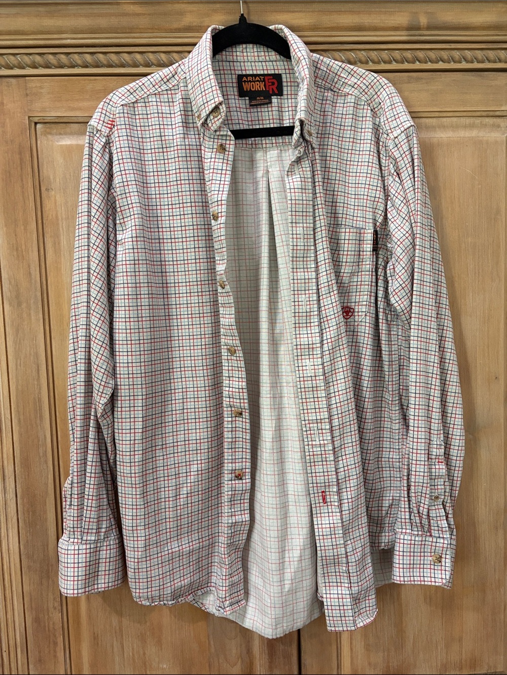 Ariat Men’s White Button-Down Shirt with Red & Blue Check Plaid